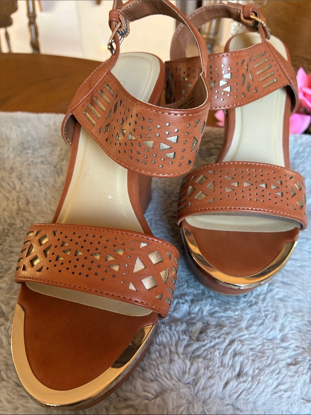 me too Brown Tan Laser-Cut Wedge Sandals with Metallic Trim